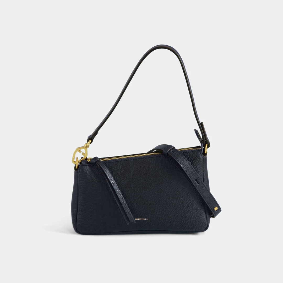 Black pebbled leather shoulder bag with a zip closure. Front view.