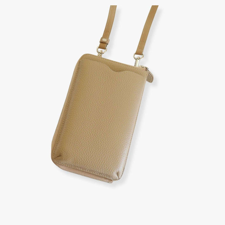 Beige pebbled leather phone crossbody wallet.