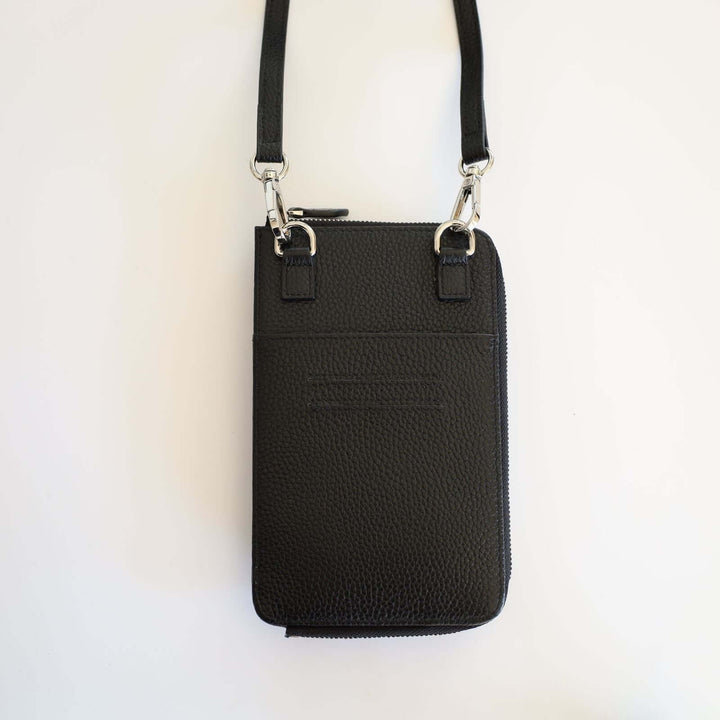 Back of the black pebbled leather phone crossbody wallet. We can see two card slots and a pocket.
