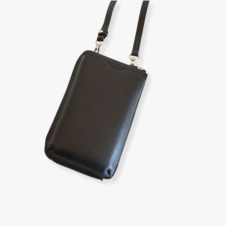 Black pebbled leather phone crossbody wallet.