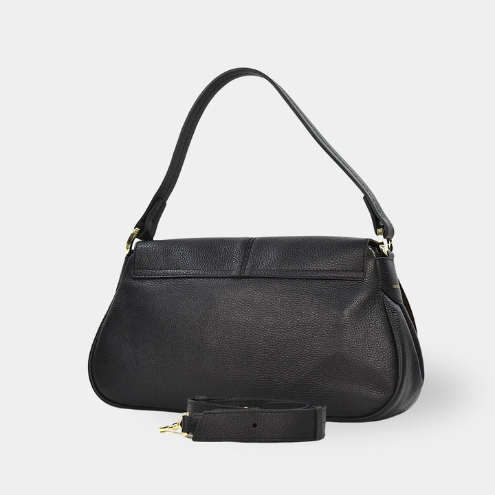 Black pebbled leather shoulder bag with a flap closure and an additional longer detachable strap. Back view.