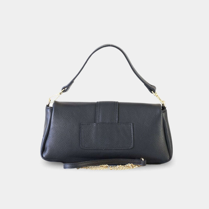 Black pebbled leather handbag with a front flap closure and a top handle attached with gold-tone hardware. Back view.