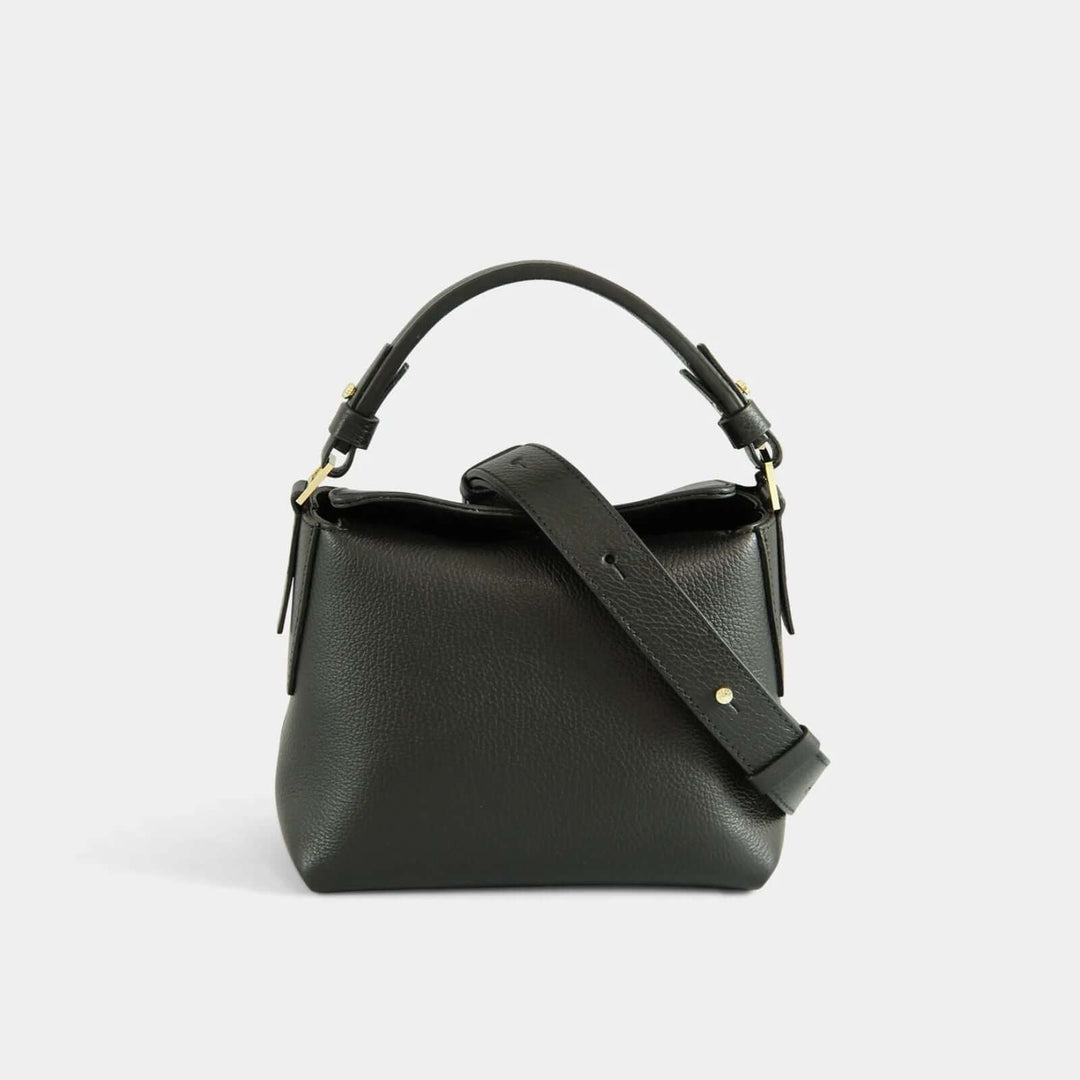 Black pebbled leather crossbody  bag with a small handle. Front view.