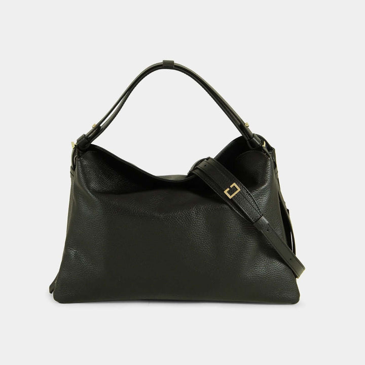 Black pebbled leather top handle bag with a detachable shoulder strap. Front view.