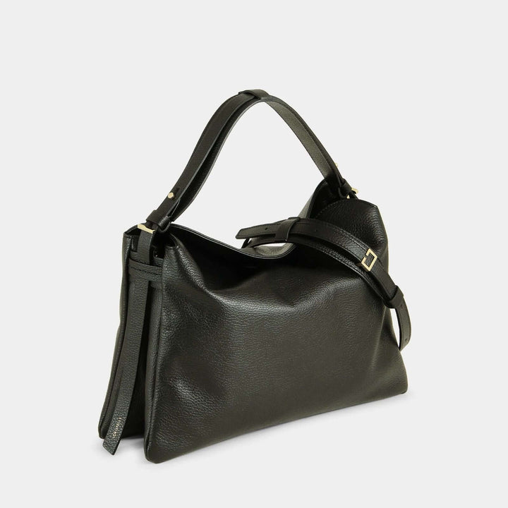 Black pebbled leather top handle bag with a detachable shoulder strap. Side view.