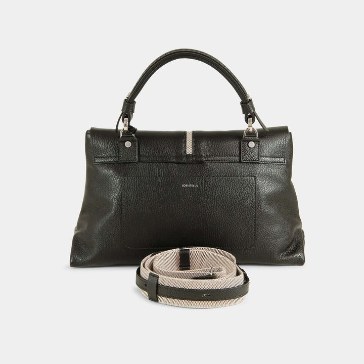 Black pebbled leather top handle bag with a beige stripe in the middle and a matching detachable shoulder strap. Back view.