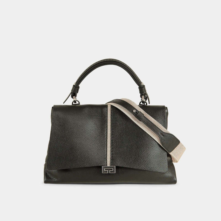 Black pebbled leather top handle bag with a beige stripe in the middle and a matching detachable shoulder strap. Front view.