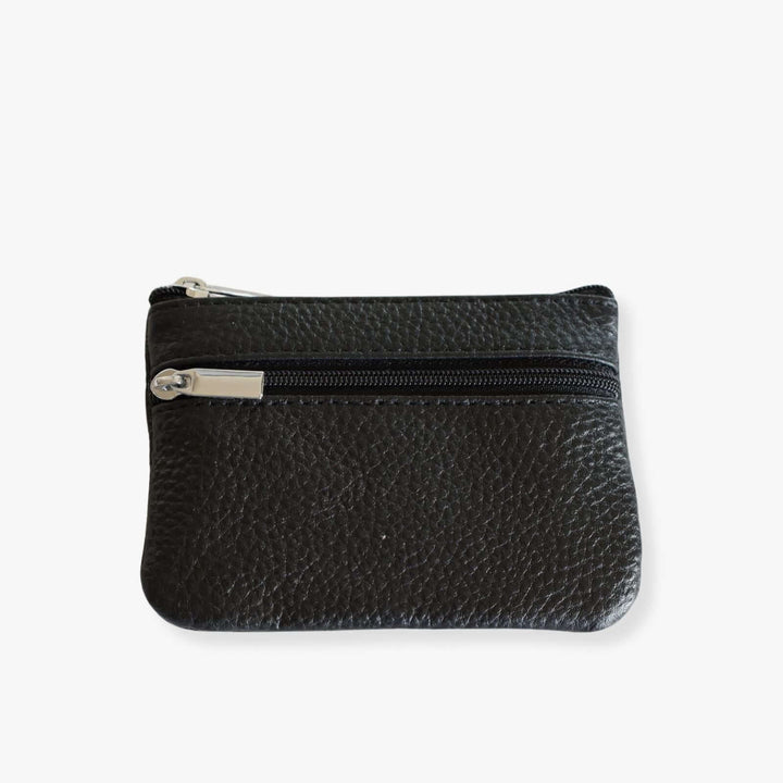 Small black leather double zipper wallet with an embedded gray metal keychain. The wallet is shown closed.