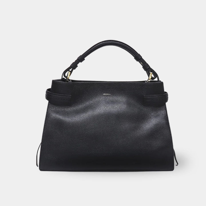 Black pebbled leather top handle bag with a leather tab on each side adorned with a gold-tone stud. Back view.