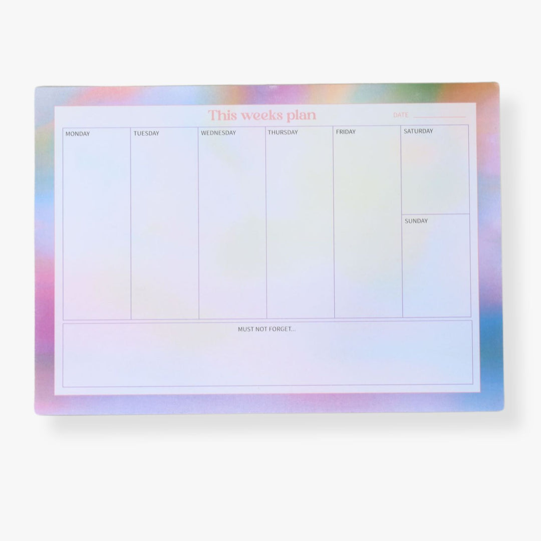 Weekly planner with space for a weekly agenda and notes. The pad features a gradient border with shades of blue and purple.