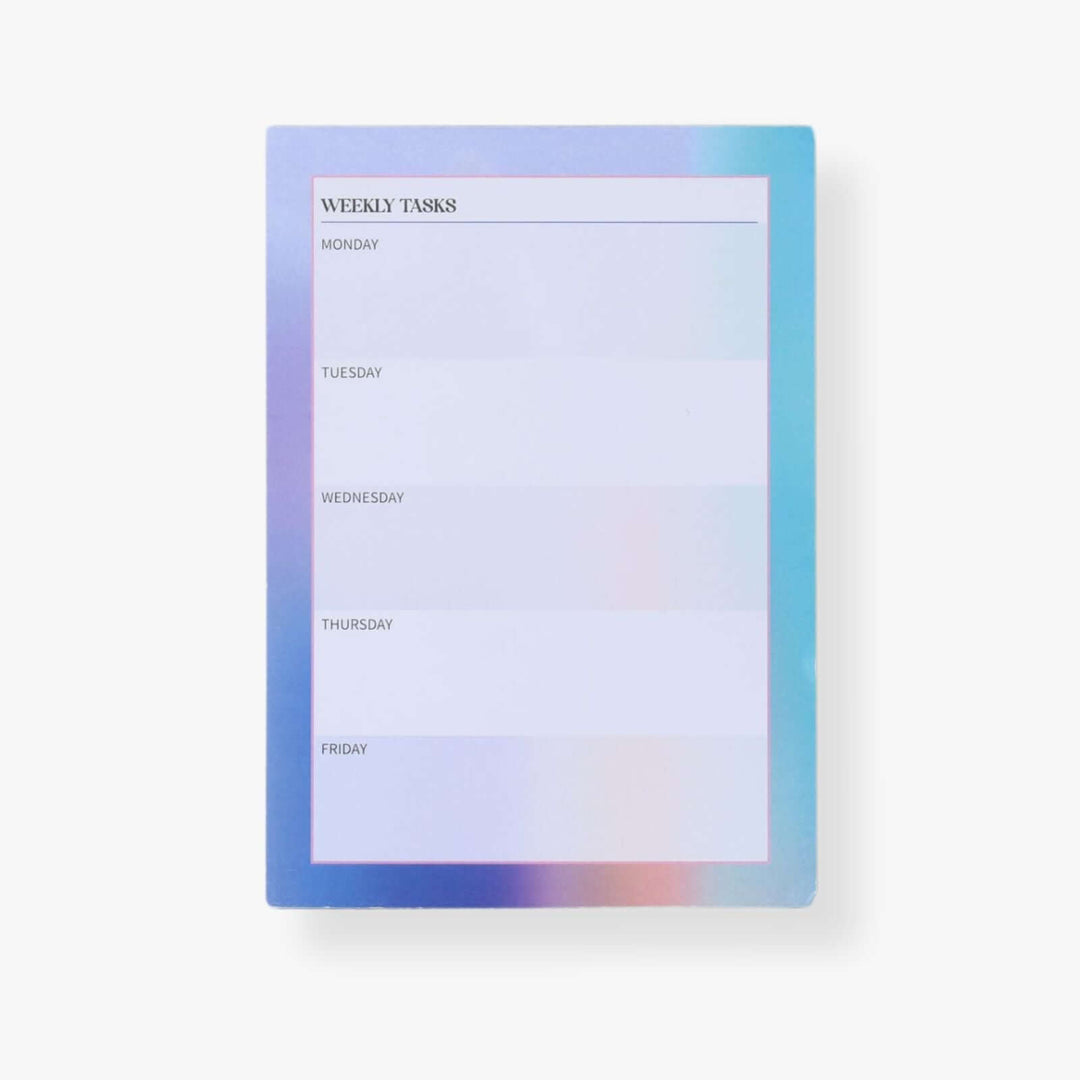 Small weekly planner. Each page is divided into sections for Monday to Friday. The pad features a gradient border with shades of blue and purple.