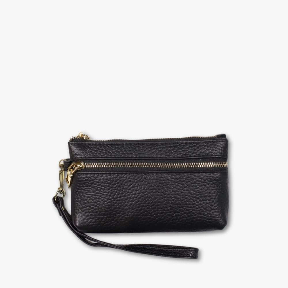 Black pebbled leather wristlet with two zip pockets on the outside.