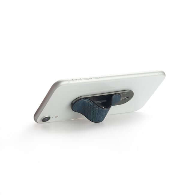 Blue phone grip holder used a stand for a phone.