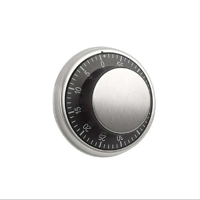 Brushed metal magnetic timer with a black dial face.