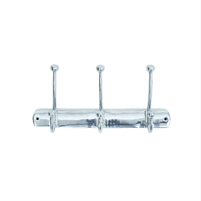 Metal coat rack with three hooks.