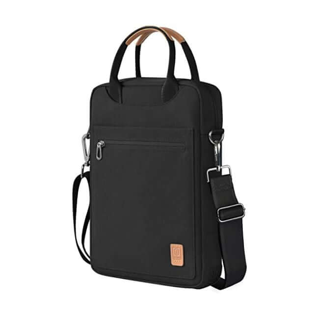 Black tablet bag with a strap and two handles. Side view.