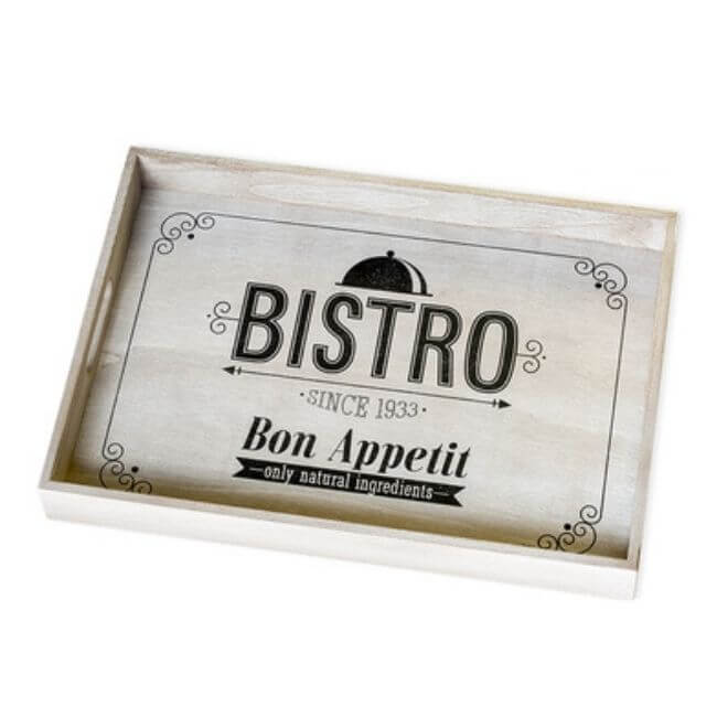 White wooden serving tray featuring a black vintage design.