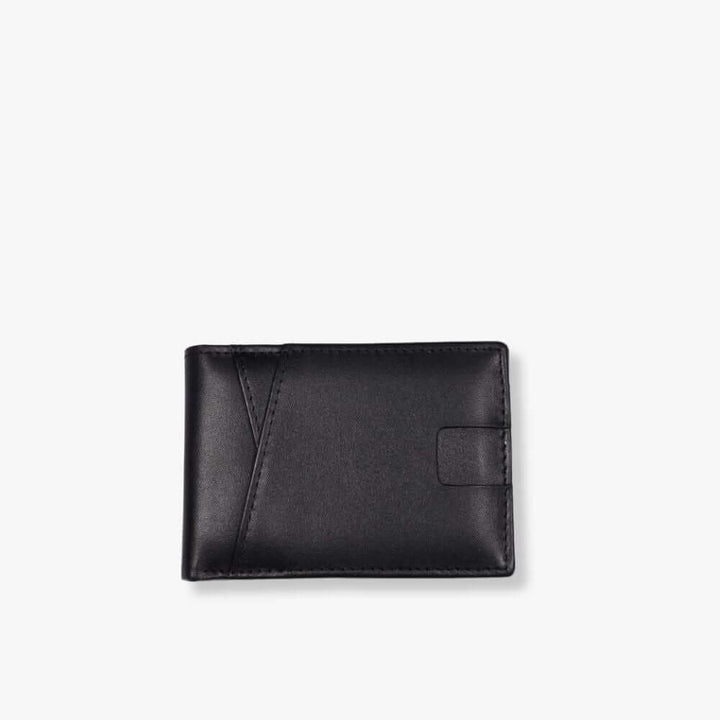 Black leather wallet with two card slots on the front.