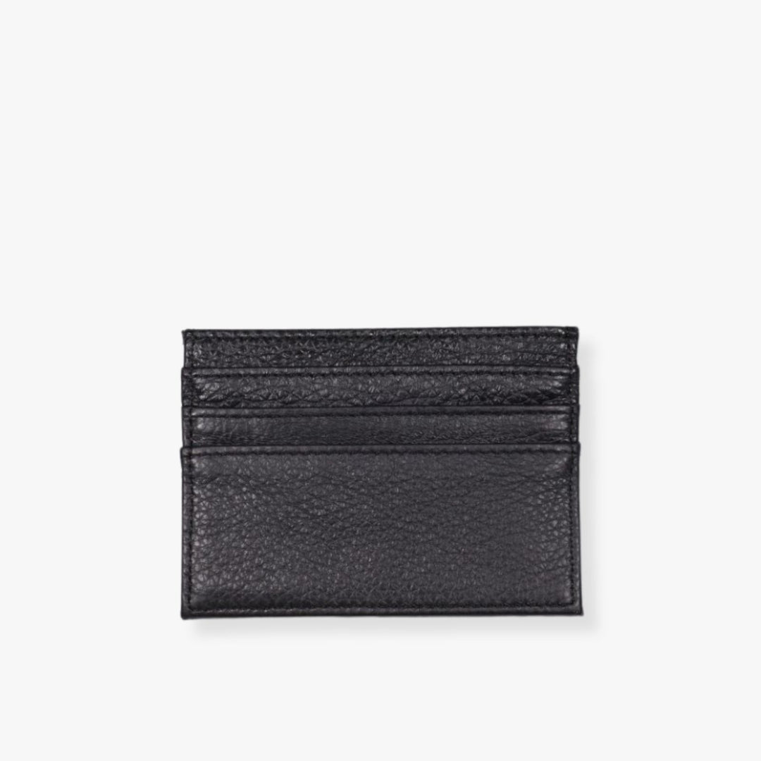 Black leather card holder with 3 slots on each side.