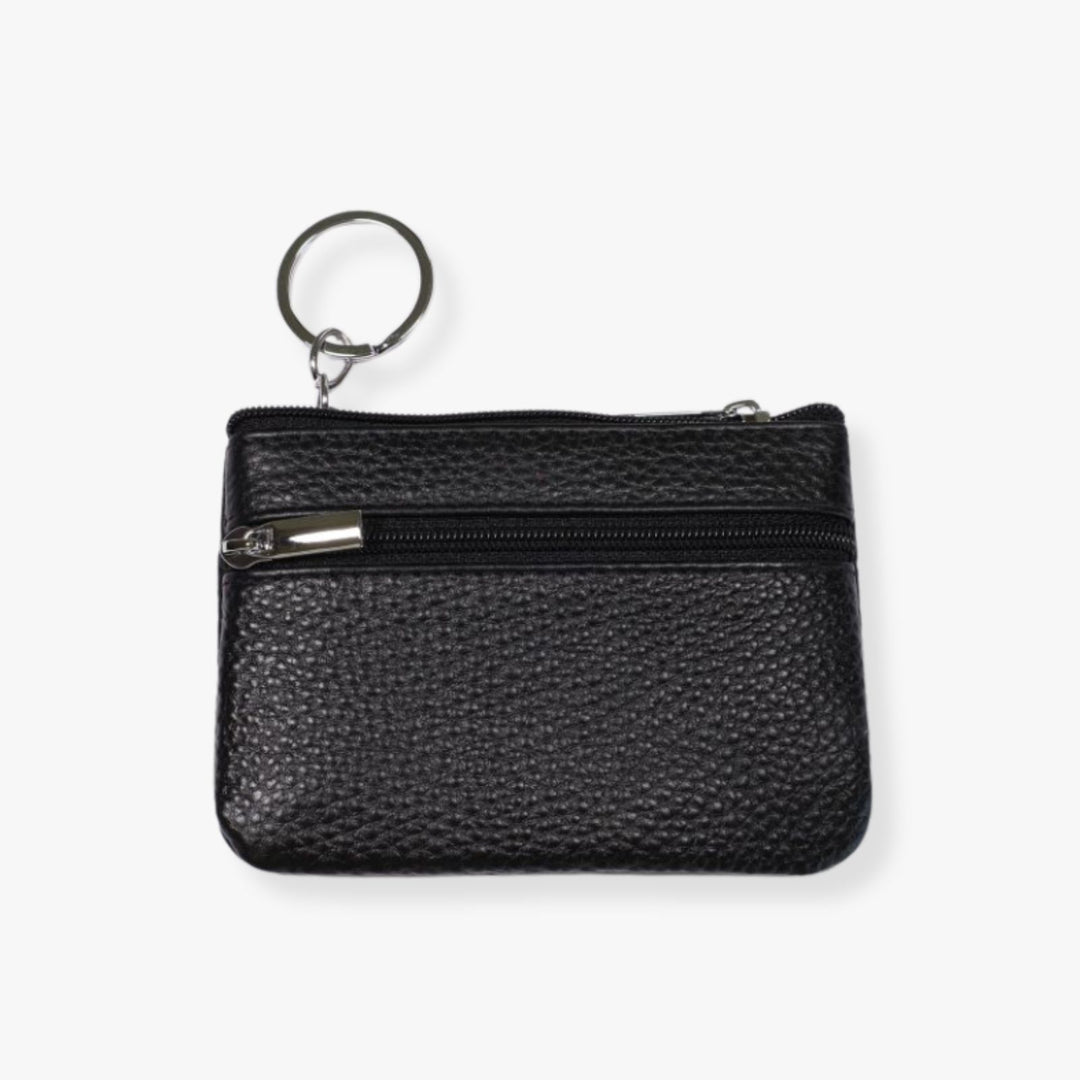 Small black leather double zipper wallet with an embedded gray metal keychain