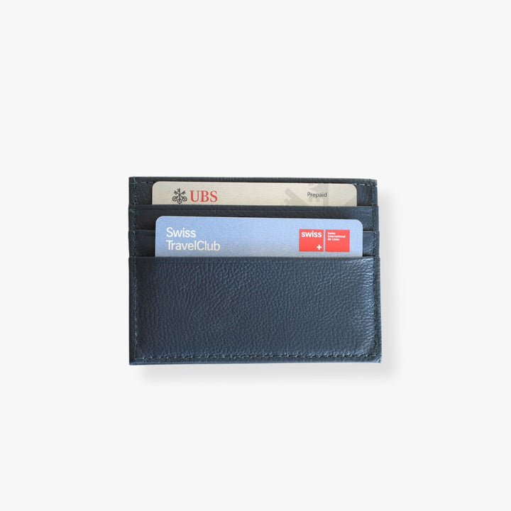 Blue leather card holder shown with 2 credit cards.