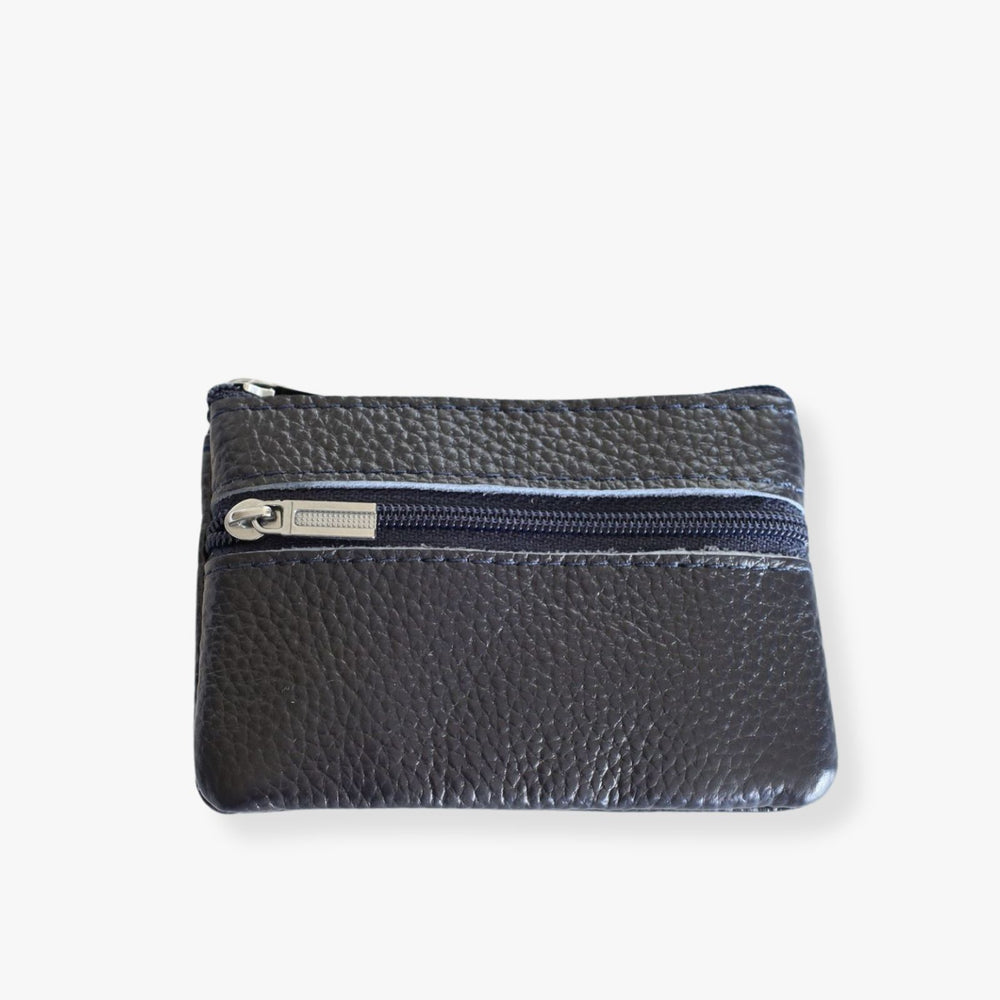 Small blue leather double zipper wallet , a key ring is hidden inside the top pocket.