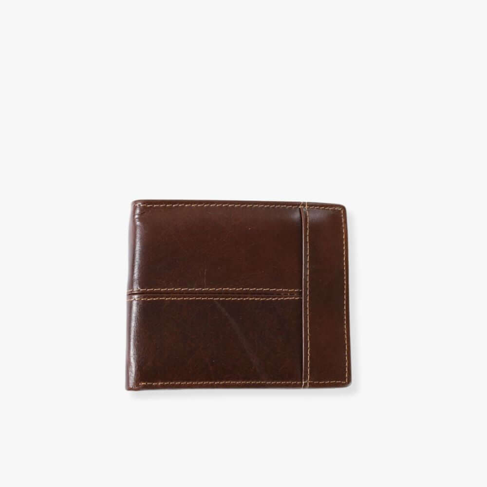 Brown leather bifold wallet with a stitching in the middle and near the edge.