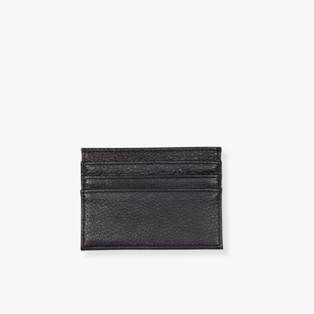 Black pebbled leather card holder with 3 slots on each side.