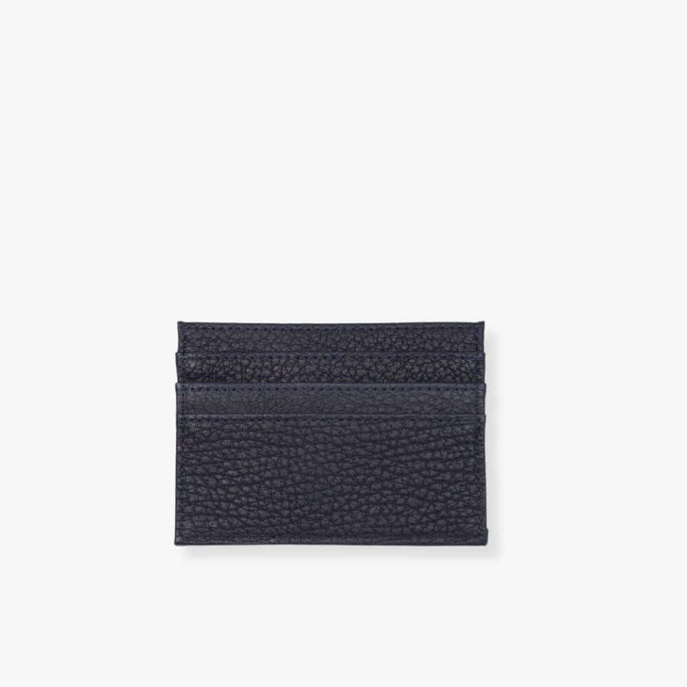 Blue pebbled-leather card holder with 3 slots on each side.
