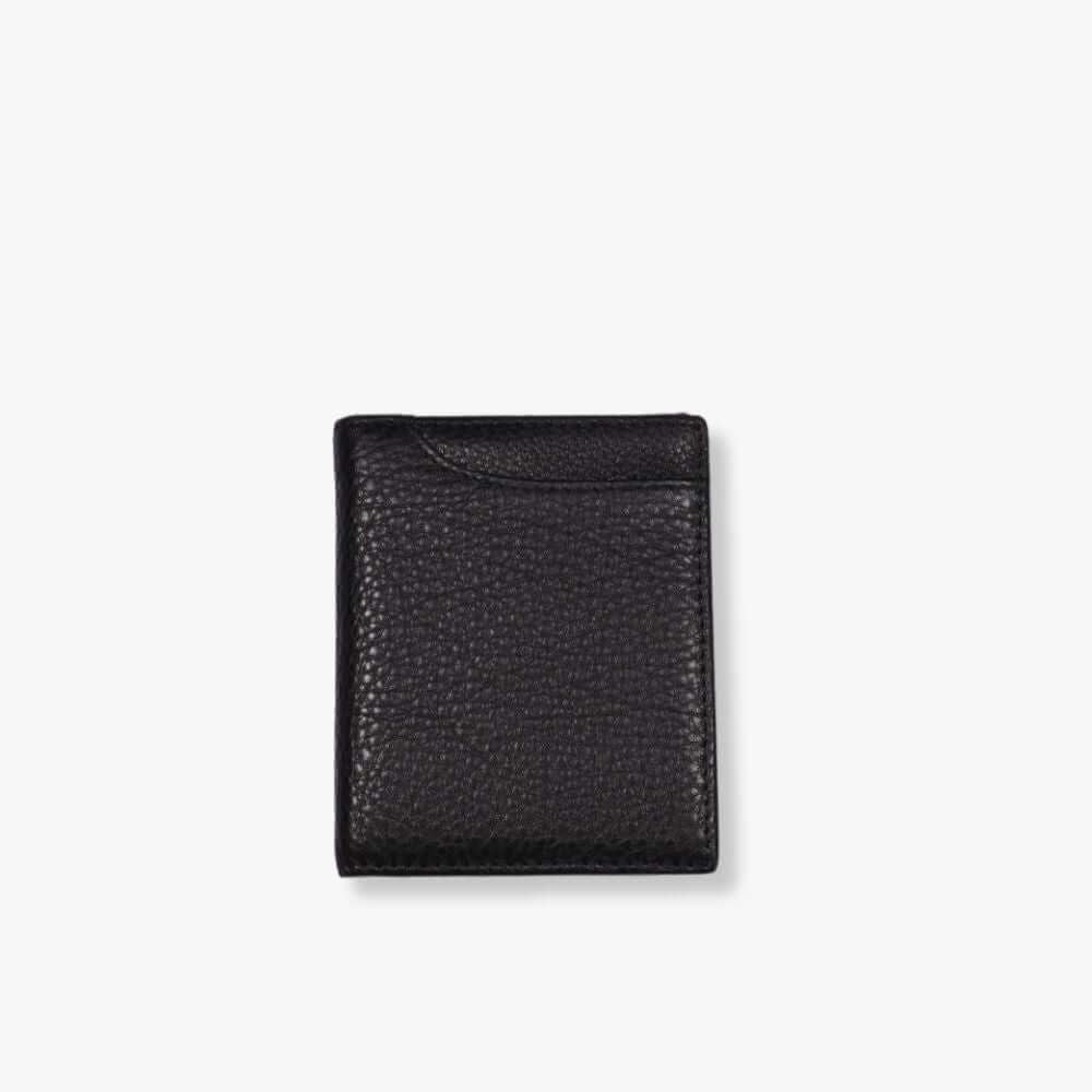 Black pebbled leather bifold wallet with a card slot on the front.