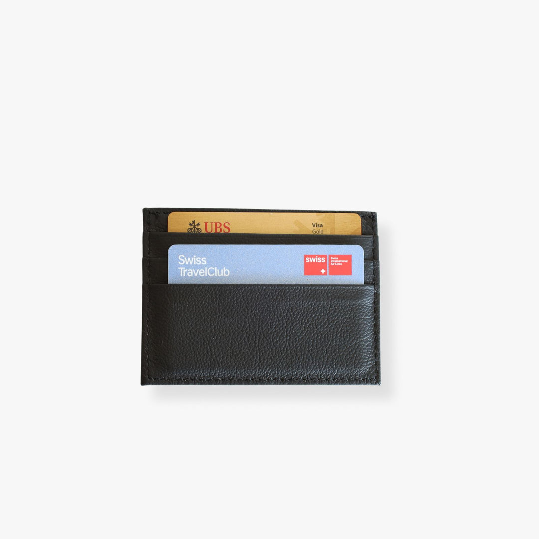 Gray leather card holder shown with 2 credit cards.