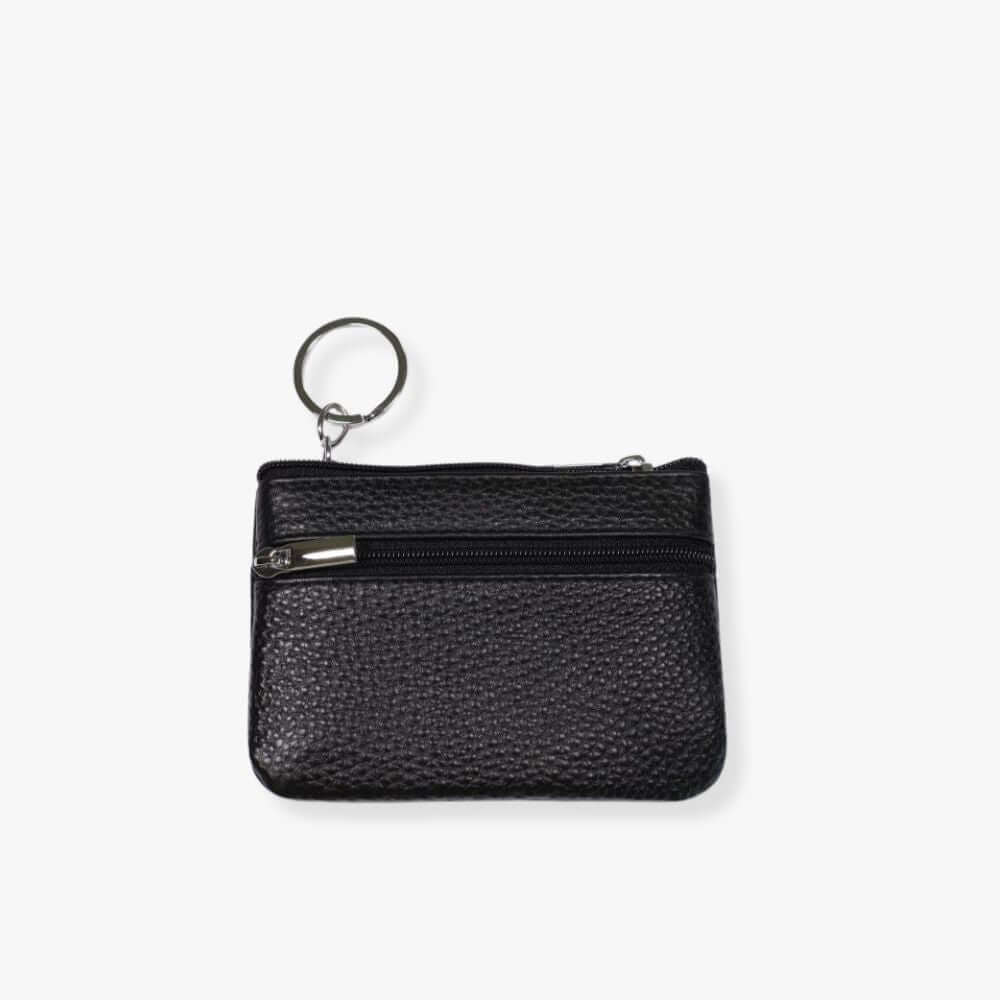 Small black leather double zipper wallet with an embedded gray metal keychain