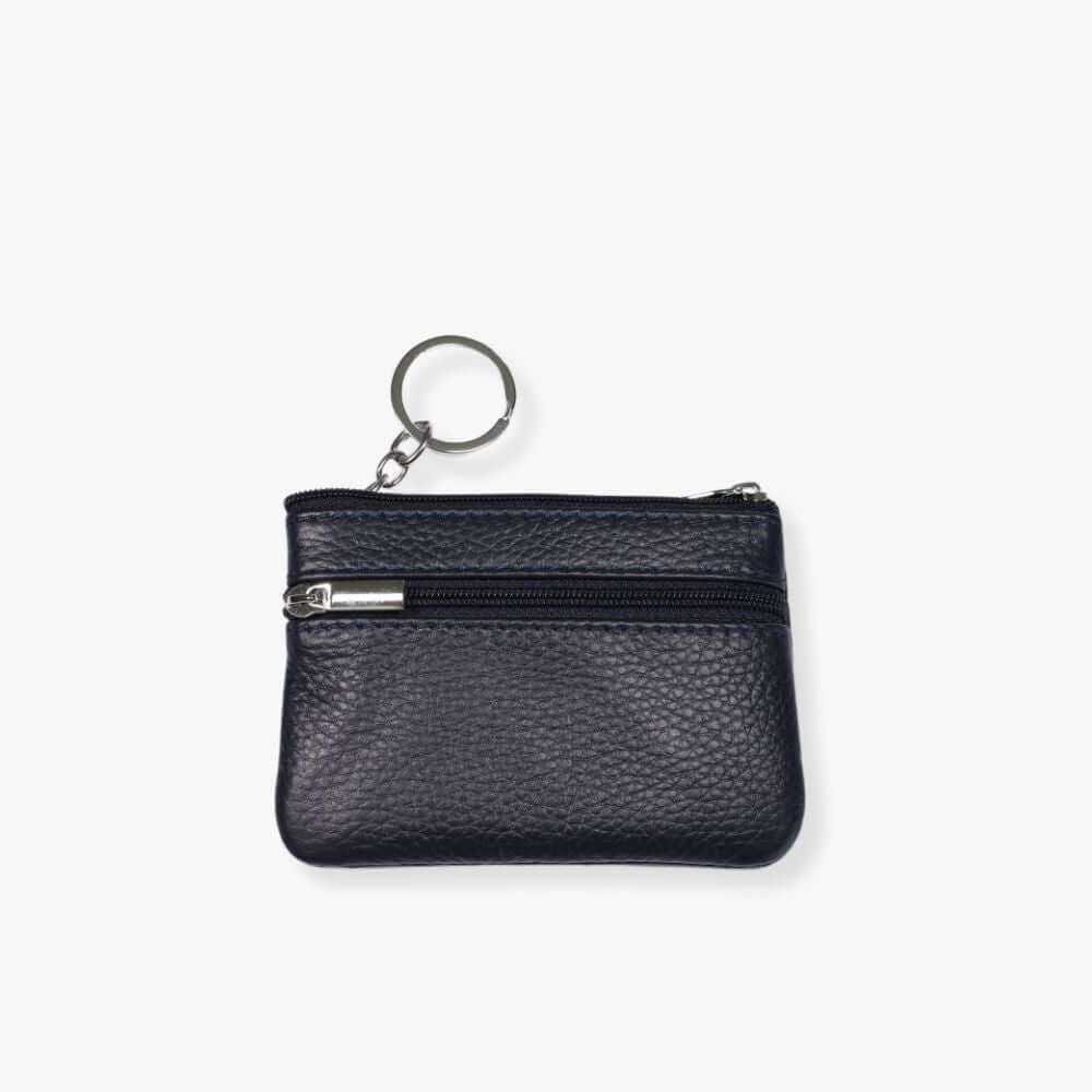Small blue leather double zipper wallet with an embedded gray metal keychain