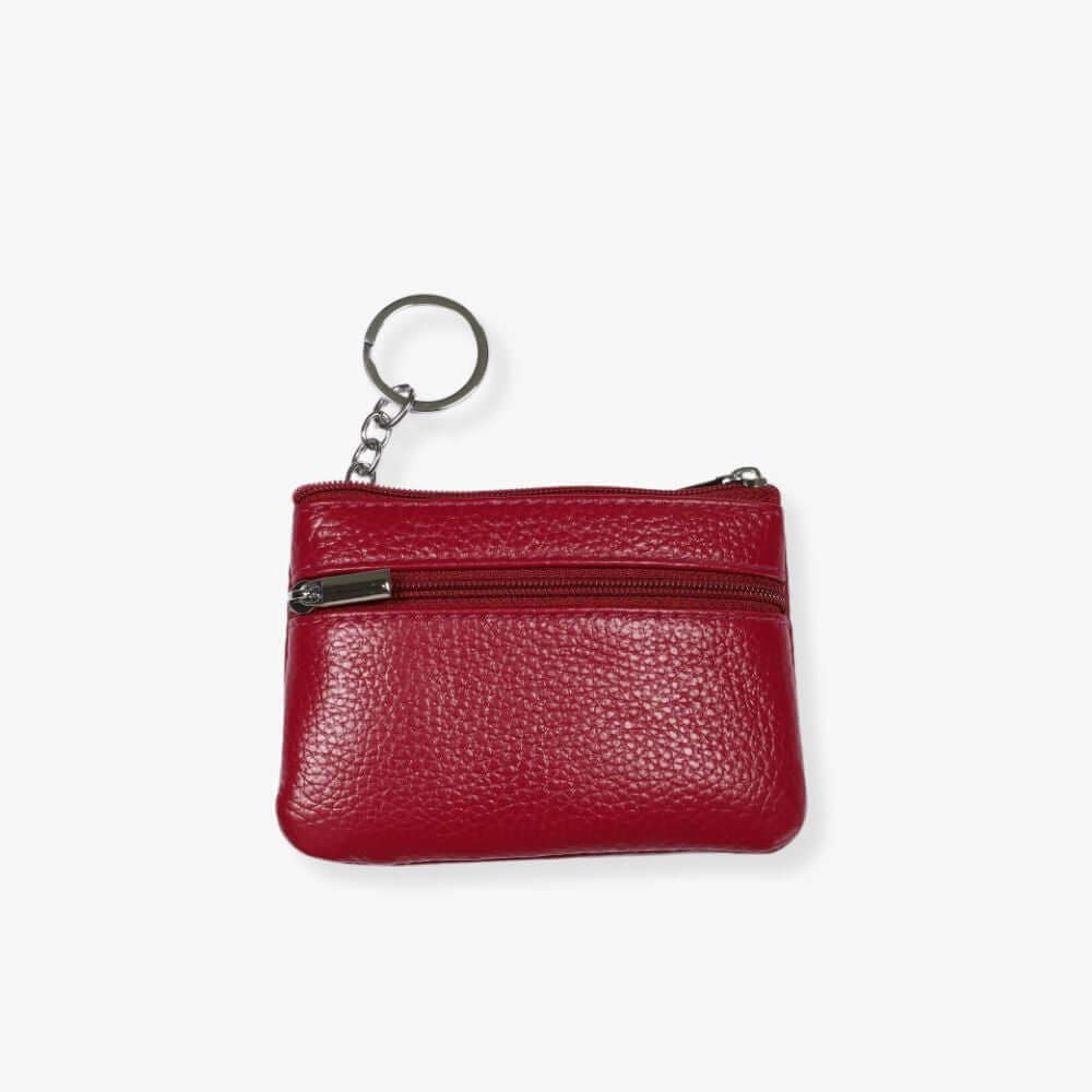 Small red leather double zipper wallet with an embedded gray metal keychain