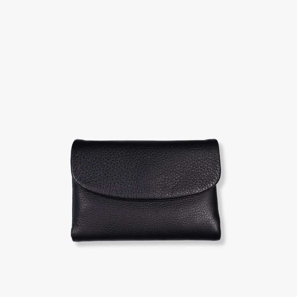 Black pebbled leather wallet for women with a flap closure.