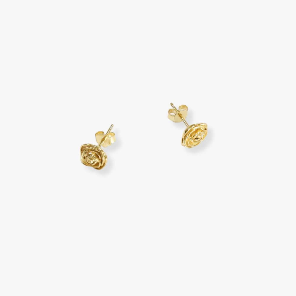 Golden stud earrings designed in the shape of a small rose bud.