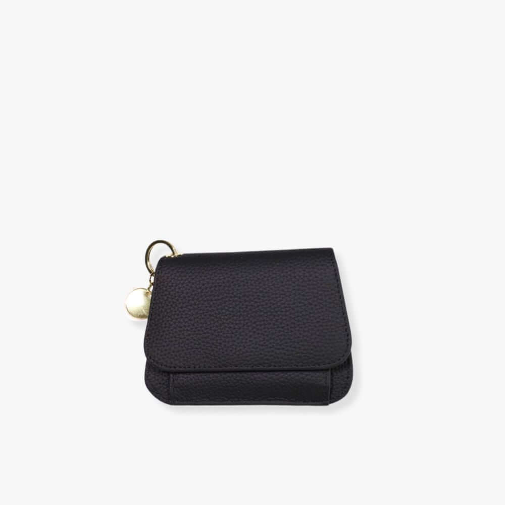 Small black pebbled leather flap wallet for women.