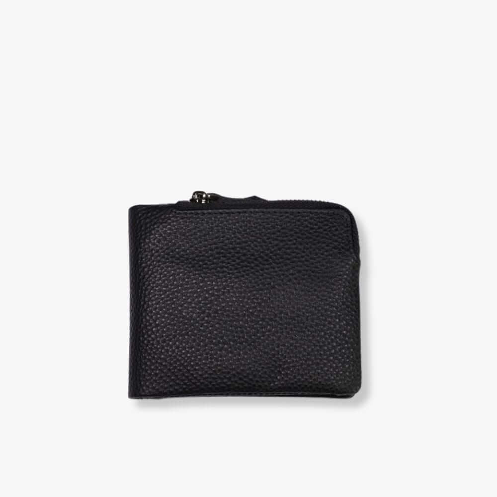 Black pebbled leather wallet for men with an outside coin zip pocket.
