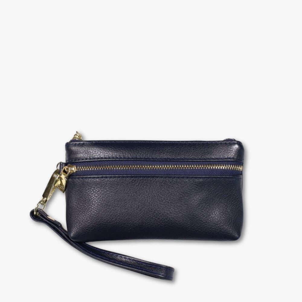 Blue pebbled leather wristlet with two zip pockets on the outside.