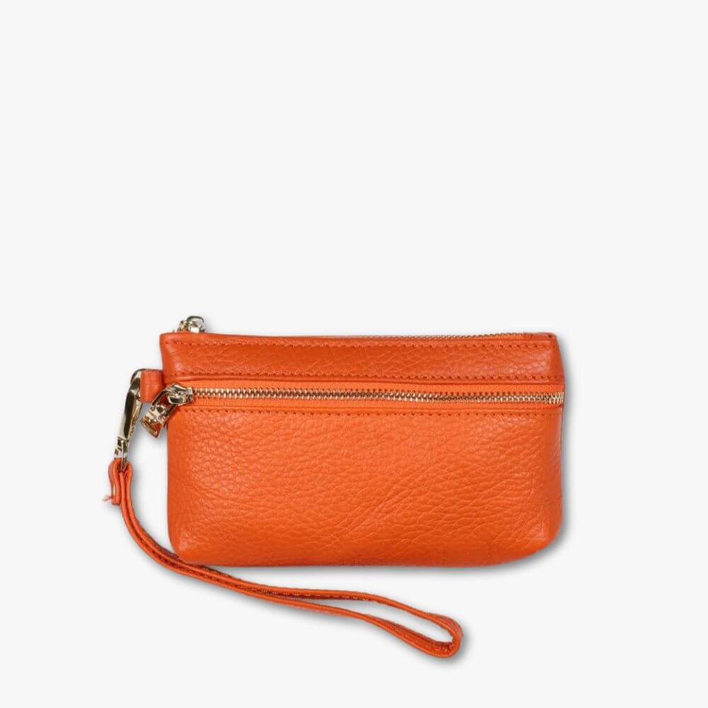 Orange pebbled leather wristlet with two zip pockets on the outside.