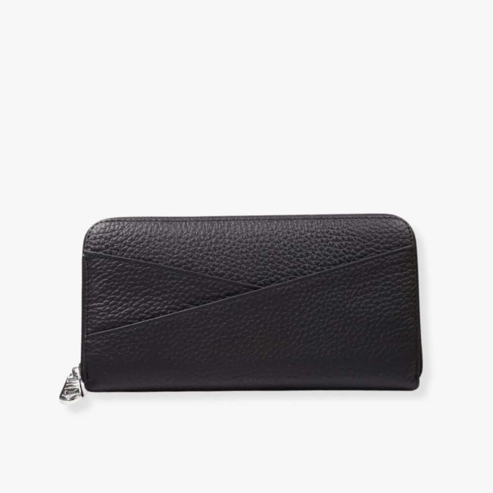 Black pebbled leather zip around wallet.