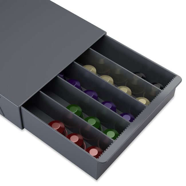 Coffee pod storage drawer with five rows.
