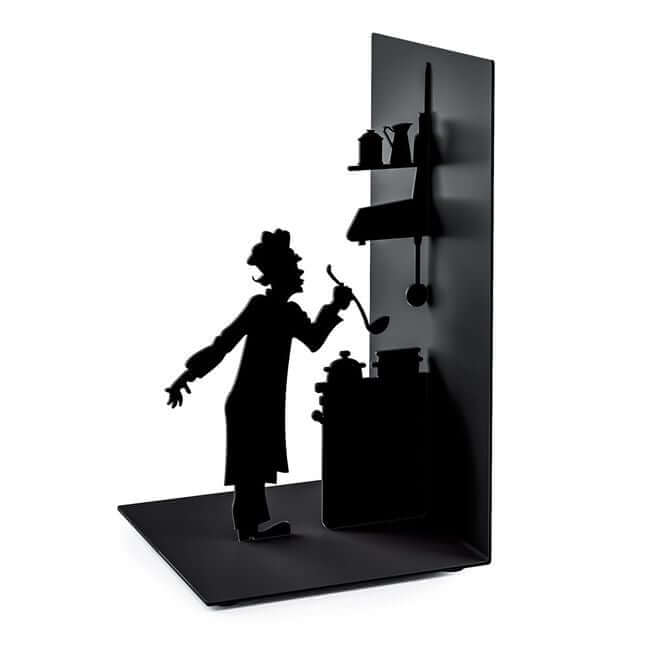Black metal bookend with a cut out representing a cook.