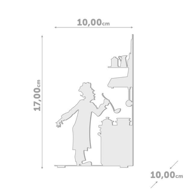 Dimensions of the black metal bookend with a cut out representing a cook.