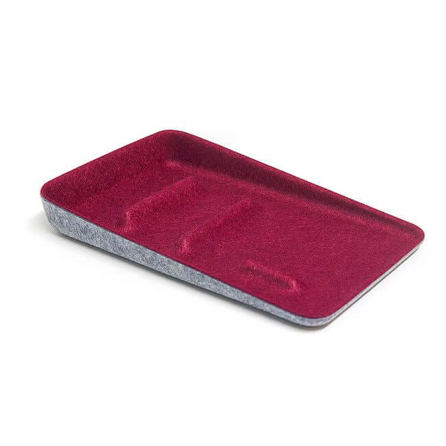 Rectangular valet tray with a gray felt base and a red felt top.