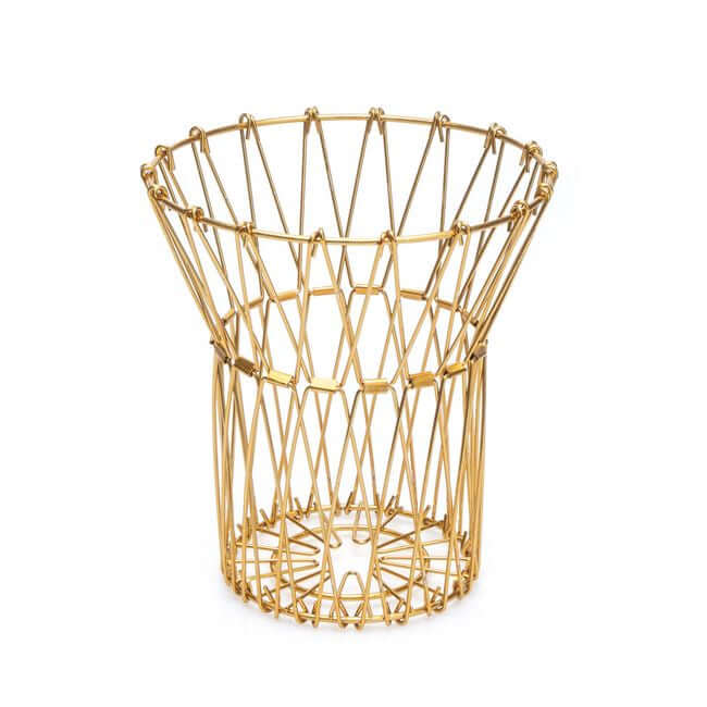 Flexible gold wire fruit basket shaped like a vase.