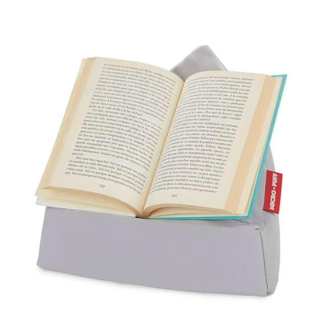 Light gray pillow stand for tablets, shown with an open book.