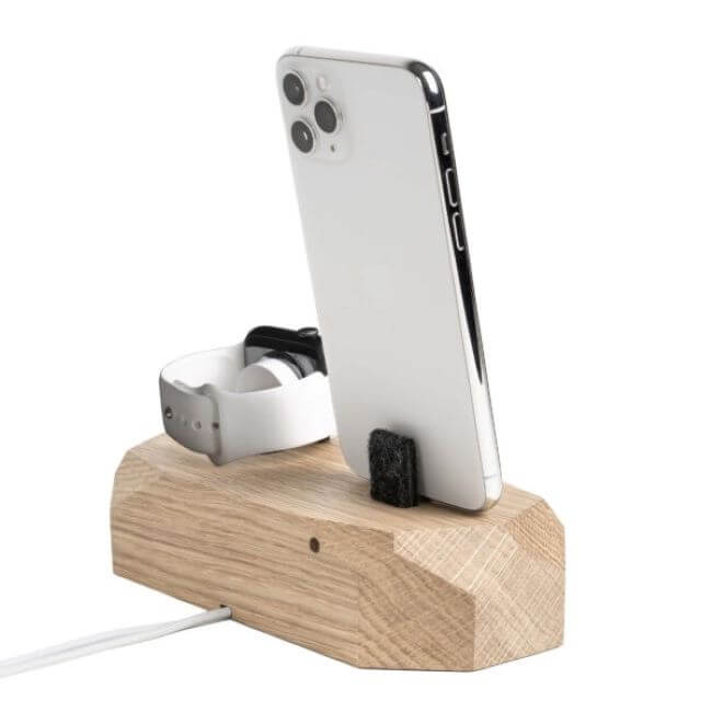 Oak charging dock with an Apple iPhone and a white Apple Watch. - view from the back.