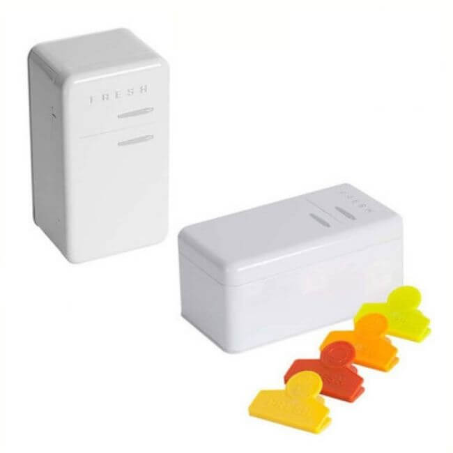 Set of 8 colorful bag clips in a white tin box.