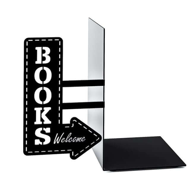 Black metal bookend with a bookshop sign